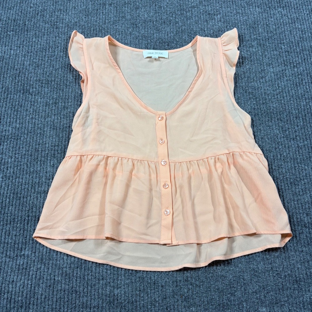 Pink Rose Blouse Womens M Peach VNeck Button Front Peplum Ruffle Sleeve Tank Top